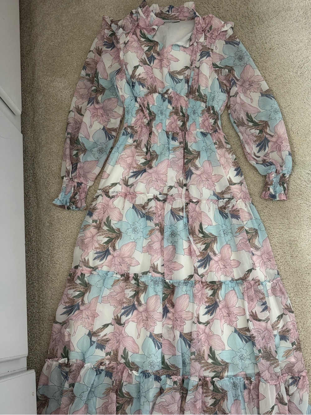 Chicwish Pink & Blue Floral Tiered Maxi Dress
